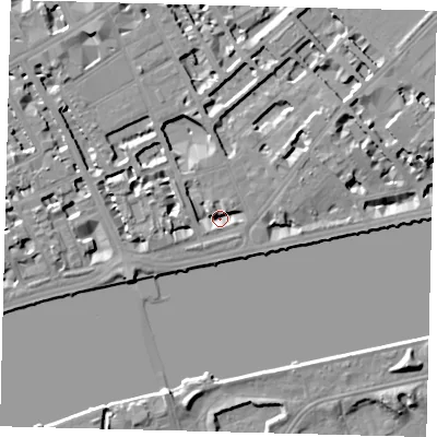 Shaded relief map of the ground around SW35QZ, computed from Environment Agency LiDAR. The ground here sits at about 3 m above sea level and falls 8 m across the surrounding 800 m. Surface water reaching this point runs off ground lying to the north-west, 7.0 m higher.