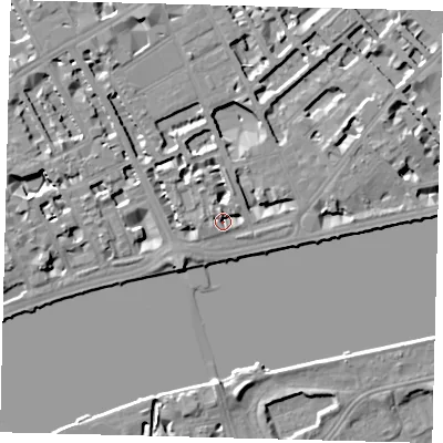 Shaded relief map of the ground around SW35RA, computed from Environment Agency LiDAR. The ground here sits at about 4 m above sea level and falls 7 m across the surrounding 800 m. Surface water reaching this point runs off ground lying to the north-west, 2.5 m higher.