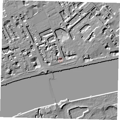 Shaded relief map of the ground around SW35RB, computed from Environment Agency LiDAR. The ground here sits at about 4 m above sea level and falls 8 m across the surrounding 800 m. Surface water reaching this point runs off ground lying to the south-south-west, 1.9 m higher.