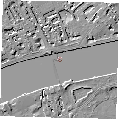 Shaded relief map of the ground around SW35RJ, computed from Environment Agency LiDAR. The ground here sits at about 3 m above sea level and falls 7 m across the surrounding 800 m. Surface water reaching this point runs off ground lying to the west-north-west, 4.5 m higher.