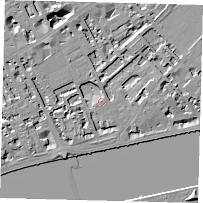 Shaded relief map of the ground around SW35TJ, computed from Environment Agency LiDAR. The ground here sits at about 6 m above sea level and falls 14 m across the surrounding 800 m. Surface water reaching this point runs off ground lying to the north-west, 14.4 m higher.