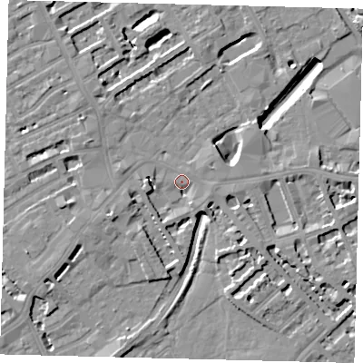 Shaded relief map of the ground around SW61AA, computed from Environment Agency LiDAR. The ground here sits at about 4 m above sea level and falls 9 m across the surrounding 800 m. Surface water reaching this point runs off ground lying to the west-south-west, 4.9 m higher.