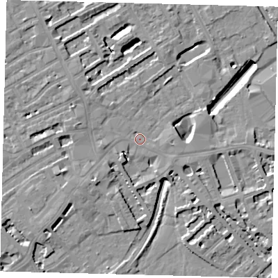 Shaded relief map of the ground around SW61AH, computed from Environment Agency LiDAR. The ground here sits at about 4 m above sea level and falls 9 m across the surrounding 800 m. Surface water reaching this point runs off ground lying to the west, 2.3 m higher.