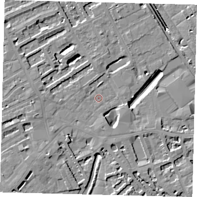 Shaded relief map of the ground around SW61AJ, computed from Environment Agency LiDAR. The ground here sits at about 3 m above sea level and falls 11 m across the surrounding 800 m. Surface water reaching this point runs off ground lying to the south, 6.2 m higher.