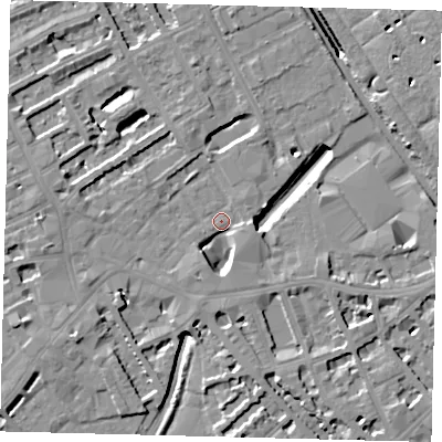 Shaded relief map of the ground around SW61AN, computed from Environment Agency LiDAR. The ground here sits at about 3 m above sea level and falls 11 m across the surrounding 800 m. Surface water reaching this point runs off ground lying to the south-south-west, 6.2 m higher.