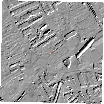 Shaded relief map of the ground around SW61AS, computed from Environment Agency LiDAR. The ground here sits at about 4 m above sea level and falls 10 m across the surrounding 800 m. Surface water reaching this point runs off ground lying to the west-south-west, 7.1 m higher.