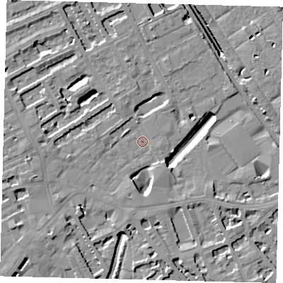 Shaded relief map of the ground around SW61AW, computed from Environment Agency LiDAR. The ground here sits at about 3 m above sea level and falls 11 m across the surrounding 800 m. Surface water reaching this point runs off ground lying to the south-south-west, 6.2 m higher.