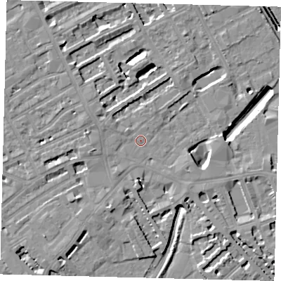 Shaded relief map of the ground around SW61AZ, computed from Environment Agency LiDAR. The ground here sits at about 4 m above sea level and falls 9 m across the surrounding 800 m. Surface water reaching this point runs off ground lying to the west-south-west, 7.1 m higher.