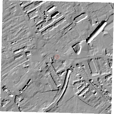 Shaded relief map of the ground around SW61BJ, computed from Environment Agency LiDAR. The ground here sits at about 4 m above sea level and falls 9 m across the surrounding 800 m. Surface water reaching this point runs off ground lying to the south-west, 4.9 m higher.
