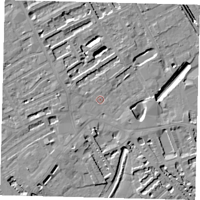 Shaded relief map of the ground around SW61BN, computed from Environment Agency LiDAR. The ground here sits at about 4 m above sea level and falls 9 m across the surrounding 800 m. Surface water reaching this point runs off ground lying to the west-south-west, 7.1 m higher.