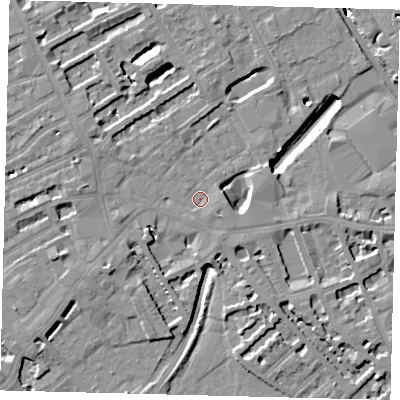 Shaded relief map of the ground around SW61BS, computed from Environment Agency LiDAR. The ground here sits at about 3 m above sea level and falls 11 m across the surrounding 800 m. Surface water reaching this point runs off ground lying to the south-east, 6.2 m higher.