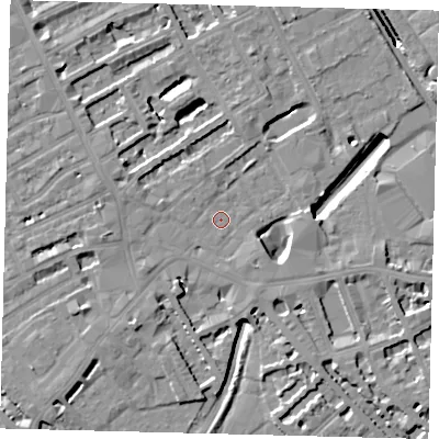 Shaded relief map of the ground around SW61BT, computed from Environment Agency LiDAR. The ground here sits at about 3 m above sea level and falls 10 m across the surrounding 800 m. Surface water reaching this point runs off ground lying to the south-east, 6.2 m higher.