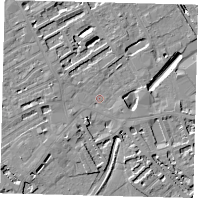 Shaded relief map of the ground around SW61BU, computed from Environment Agency LiDAR. The ground here sits at about 3 m above sea level and falls 9 m across the surrounding 800 m. Surface water reaching this point runs off ground lying to the west-south-west, 6.2 m higher.