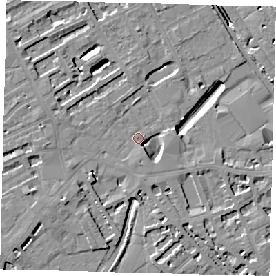 Shaded relief map of the ground around SW61BX, computed from Environment Agency LiDAR. The ground here sits at about 3 m above sea level and falls 11 m across the surrounding 800 m. Surface water reaching this point runs off ground lying to the south, 6.2 m higher.