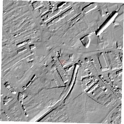 Shaded relief map of the ground around SW61EJ, computed from Environment Agency LiDAR. The ground here sits at about 2 m above sea level and falls 9 m across the surrounding 800 m. Surface water reaching this point runs off ground lying to the west-south-west, 3.7 m higher.