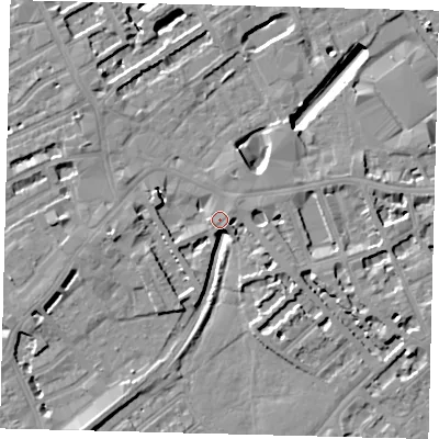 Shaded relief map of the ground around SW61EL, computed from Environment Agency LiDAR. The ground here sits at about 4 m above sea level and falls 9 m across the surrounding 800 m. Surface water reaching this point runs off ground lying to the south-south-west, 7.5 m higher.