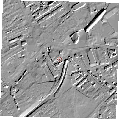 Shaded relief map of the ground around SW61EN, computed from Environment Agency LiDAR. The ground here sits at about 3 m above sea level and falls 10 m across the surrounding 800 m. Surface water reaching this point runs off ground lying to the west, 4.9 m higher.