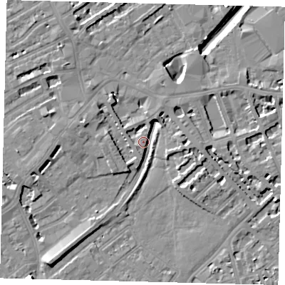 Shaded relief map of the ground around SW61EZ, computed from Environment Agency LiDAR. The ground here sits at about 4 m above sea level and falls 10 m across the surrounding 800 m. Surface water reaching this point runs off ground lying to the south-west, 7.7 m higher.