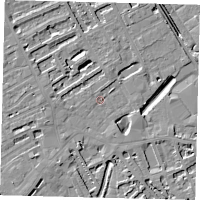 Shaded relief map of the ground around SW61GF, computed from Environment Agency LiDAR. The ground here sits at about 3 m above sea level and falls 10 m across the surrounding 800 m. Surface water reaching this point runs off ground lying to the west-south-west, 7.1 m higher.
