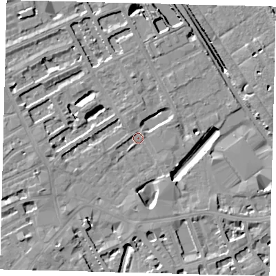 Shaded relief map of the ground around SW61PA, computed from Environment Agency LiDAR. The ground here sits at about 3 m above sea level and falls 11 m across the surrounding 800 m. Surface water reaching this point runs off ground lying to the west-south-west, 7.1 m higher.