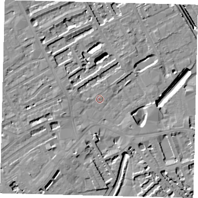 Shaded relief map of the ground around SW61PS, computed from Environment Agency LiDAR. The ground here sits at about 4 m above sea level and falls 9 m across the surrounding 800 m. Surface water reaching this point runs off ground lying to the west, 3.6 m higher.