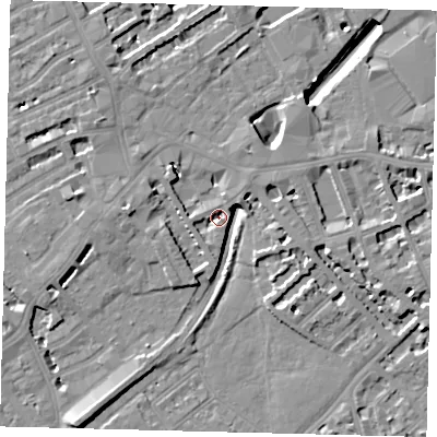 Shaded relief map of the ground around SW61TA, computed from Environment Agency LiDAR. The ground here sits at about 2 m above sea level and falls 10 m across the surrounding 800 m. Surface water reaching this point runs off ground lying to the west, 6.9 m higher.