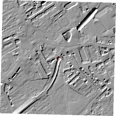 Shaded relief map of the ground around SW61TB, computed from Environment Agency LiDAR. The ground here sits at about 1 m above sea level and falls 10 m across the surrounding 800 m. Surface water reaching this point runs off ground lying to the south-west, 7.9 m higher.