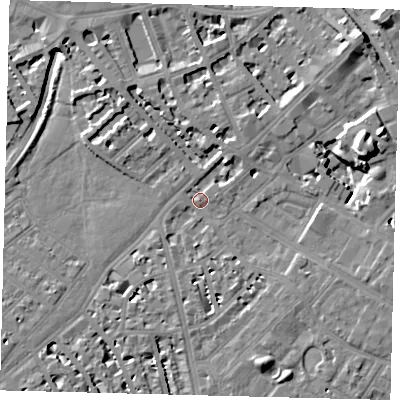 Shaded relief map of the ground around SW62AA, computed from Environment Agency LiDAR. The ground here sits at about 3 m above sea level and falls 13 m across the surrounding 800 m. Surface water reaching this point runs off ground lying to the east-north-east, 13.1 m higher.
