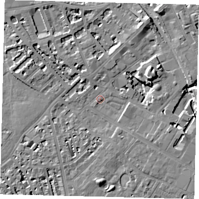 Shaded relief map of the ground around SW62AF, computed from Environment Agency LiDAR. The ground here sits at about 3 m above sea level and falls 13 m across the surrounding 800 m. Surface water reaching this point runs off ground lying to the east-north-east, 13.1 m higher.