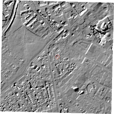 Shaded relief map of the ground around SW62AH, computed from Environment Agency LiDAR. The ground here sits at about 3 m above sea level and falls 13 m across the surrounding 800 m. Surface water reaching this point runs off ground lying to the east-north-east, 13.1 m higher.