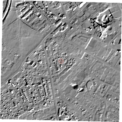 Shaded relief map of the ground around SW62AJ, computed from Environment Agency LiDAR. The ground here sits at about 4 m above sea level and falls 13 m across the surrounding 800 m. Surface water reaching this point runs off ground lying to the east-south-east, 2.6 m higher.