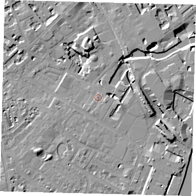 Shaded relief map of the ground around SW62AN, computed from Environment Agency LiDAR. The ground here sits at about 5 m above sea level and falls 21 m across the surrounding 800 m. Surface water reaching this point runs off ground lying to the east-south-east, 1.2 m higher.