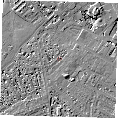 Shaded relief map of the ground around SW62AP, computed from Environment Agency LiDAR. The ground here sits at about 4 m above sea level and falls 13 m across the surrounding 800 m. Surface water reaching this point runs off ground lying to the east-north-east, 2.5 m higher.