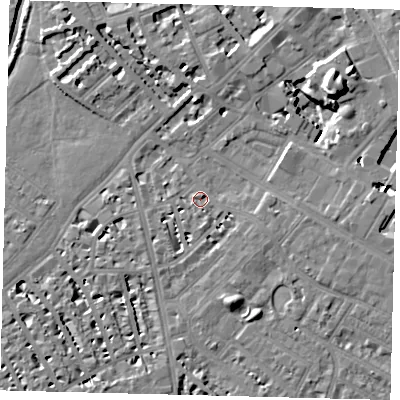 Shaded relief map of the ground around SW62AR, computed from Environment Agency LiDAR. The ground here sits at about 4 m above sea level and falls 13 m across the surrounding 800 m. Surface water reaching this point runs off ground lying to the west-north-west, 1.1 m higher.