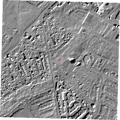 Shaded relief map of the ground around SW62BE, computed from Environment Agency LiDAR. The ground here sits at about 4 m above sea level and falls 8 m across the surrounding 800 m. Surface water reaching this point runs off ground lying to the east, 6.8 m higher.