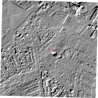 Shaded relief map of the ground around SW62BG, computed from Environment Agency LiDAR. The ground here sits at about 4 m above sea level and falls 13 m across the surrounding 800 m. Surface water reaching this point runs off ground lying to the east, 1.3 m higher.