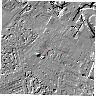 Shaded relief map of the ground around SW62BJ, computed from Environment Agency LiDAR. The ground here sits at about 4 m above sea level and falls 21 m across the surrounding 800 m. Surface water reaching this point runs off ground lying to the north-east, 2.0 m higher.