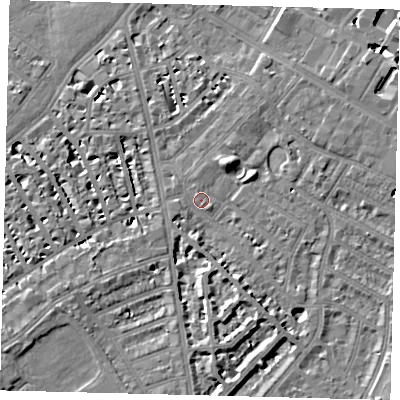 Shaded relief map of the ground around SW62BS, computed from Environment Agency LiDAR. The ground here sits at about 4 m above sea level and falls 7 m across the surrounding 800 m. Surface water reaching this point runs off ground lying to the north-east, 6.8 m higher.