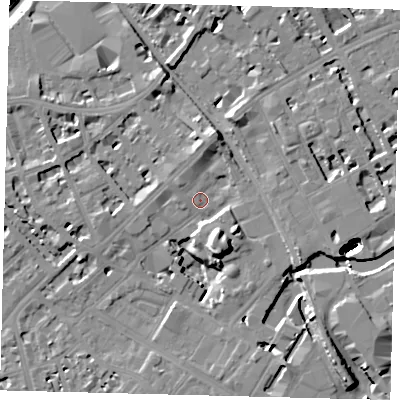 Shaded relief map of the ground around SW62EE, computed from Environment Agency LiDAR. The ground here sits at about 4 m above sea level and falls 21 m across the surrounding 800 m. Surface water reaching this point runs off ground lying to the north-north-east, 5.1 m higher.