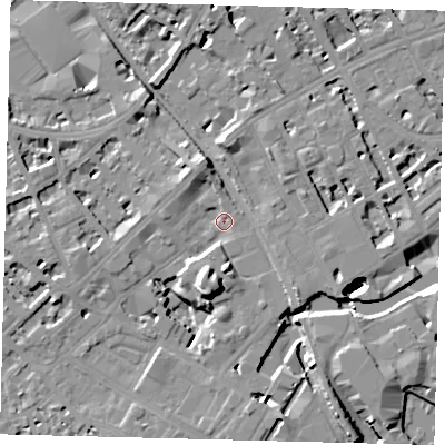 Shaded relief map of the ground around SW62EQ, computed from Environment Agency LiDAR. The ground here sits at about 4 m above sea level and falls 21 m across the surrounding 800 m. Surface water reaching this point runs off ground lying to the north, 2.1 m higher.