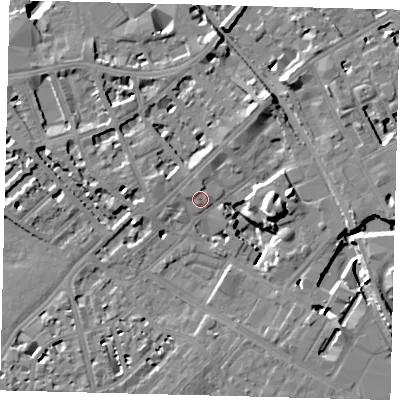 Shaded relief map of the ground around SW62ER, computed from Environment Agency LiDAR. The ground here sits at about 4 m above sea level and falls 13 m across the surrounding 800 m. Surface water reaching this point runs off ground lying to the north, 1.6 m higher.