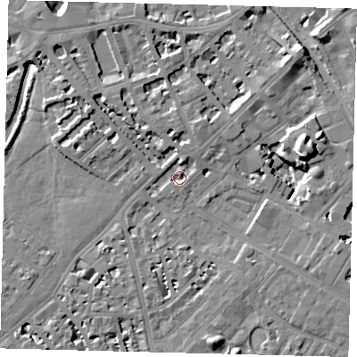Shaded relief map of the ground around SW62EX, computed from Environment Agency LiDAR. The ground here sits at about 2 m above sea level and falls 13 m across the surrounding 800 m. Surface water reaching this point runs off ground lying to the north-north-east, 3.8 m higher.
