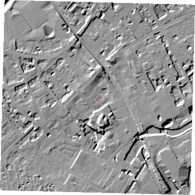 Shaded relief map of the ground around SW62EY, computed from Environment Agency LiDAR. The ground here sits at about 4 m above sea level and falls 21 m across the surrounding 800 m. Surface water reaching this point runs off ground lying to the north, 5.1 m higher.