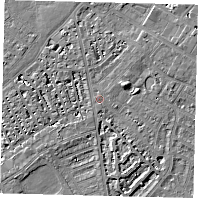 Shaded relief map of the ground around SW62FE, computed from Environment Agency LiDAR. The ground here sits at about 4 m above sea level and falls 7 m across the surrounding 800 m. Surface water reaching this point runs off ground lying to the east-north-east, 6.8 m higher.