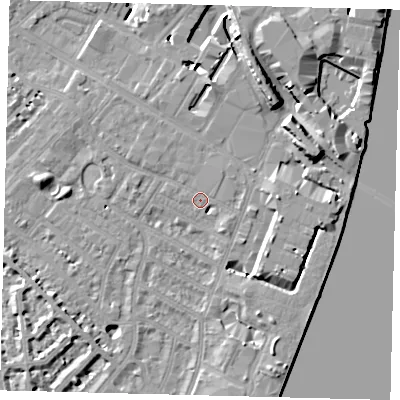 Shaded relief map of the ground around SW62FW, computed from Environment Agency LiDAR. The ground here sits at about 4 m above sea level and falls 11 m across the surrounding 800 m. Surface water reaching this point runs off ground lying to the north-east, 1.2 m higher.