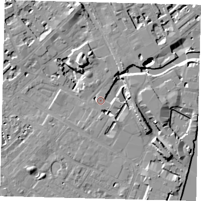 Shaded relief map of the ground around SW62FZ, computed from Environment Agency LiDAR. The ground here sits at about 5 m above sea level and falls 21 m across the surrounding 800 m. Surface water reaching this point runs off ground lying to the east, 9.2 m higher.