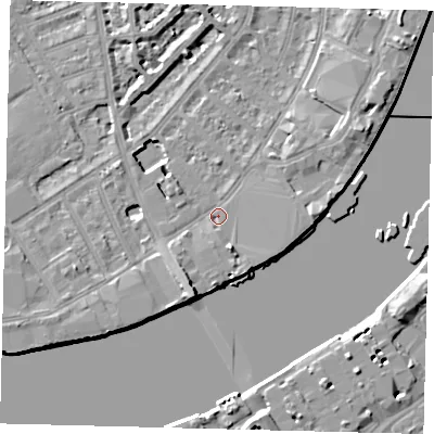Shaded relief map of the ground around SW62GS, computed from Environment Agency LiDAR. The ground here sits at about 4 m above sea level and falls 8 m across the surrounding 800 m. Surface water reaching this point runs off ground lying to the south-south-west, 5.3 m higher.