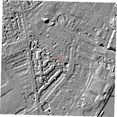 Shaded relief map of the ground around SW62LB, computed from Environment Agency LiDAR. The ground here sits at about 3 m above sea level and falls 8 m across the surrounding 800 m. Surface water reaching this point runs off ground lying to the east-north-east, 7.8 m higher.