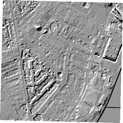 Shaded relief map of the ground around SW62LD, computed from Environment Agency LiDAR. The ground here sits at about 4 m above sea level and falls 11 m across the surrounding 800 m. Surface water reaching this point runs off ground lying to the north, 1.4 m higher.