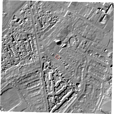 Shaded relief map of the ground around SW62LF, computed from Environment Agency LiDAR. The ground here sits at about 3 m above sea level and falls 7 m across the surrounding 800 m. Surface water reaching this point runs off ground lying to the south, 5.4 m higher.